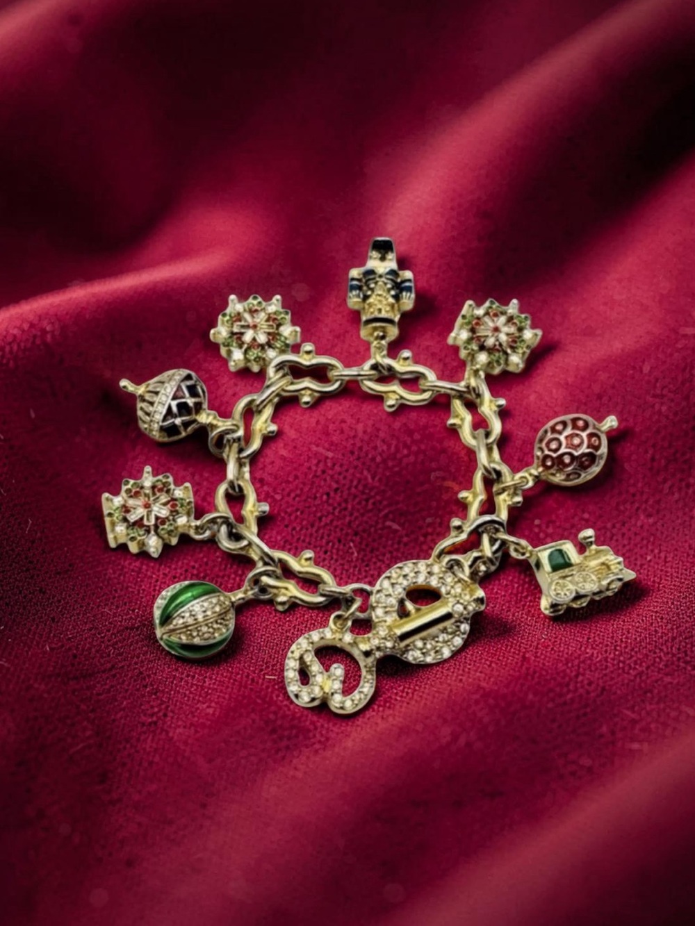 Vintage 1990s St. John Christmas Holiday Charm Bracelet ~Enamel & Crystal  7.25”